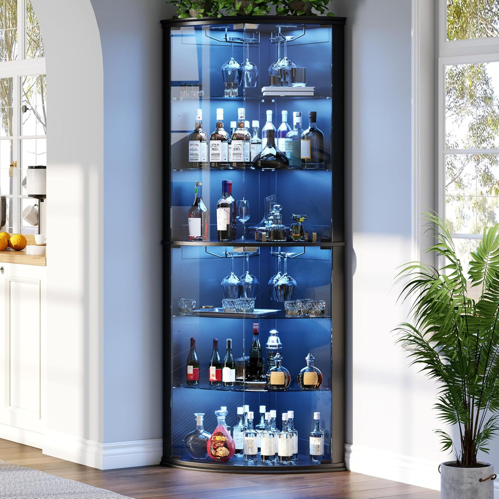 Loomie 70' Corner Bar Cabinet with LED Lights, 6-Tier Modern Wine Cabinet with Glass Door & Glass Holder, Tall Home Bar Liquor Cabinet with Adjustable Shelves for Dining Room, Living Room (Black)
