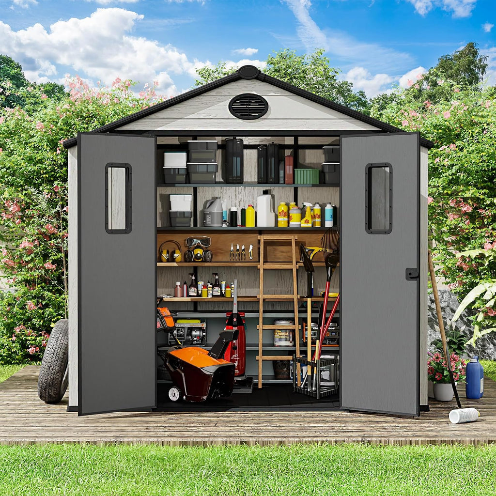 8 x 6 FT Plastic Outdoor Storage Shed with Floor,Garden Resin Shed with Window and Lockable Door, Outside Sheds for Bike, Garbage Can, Tool