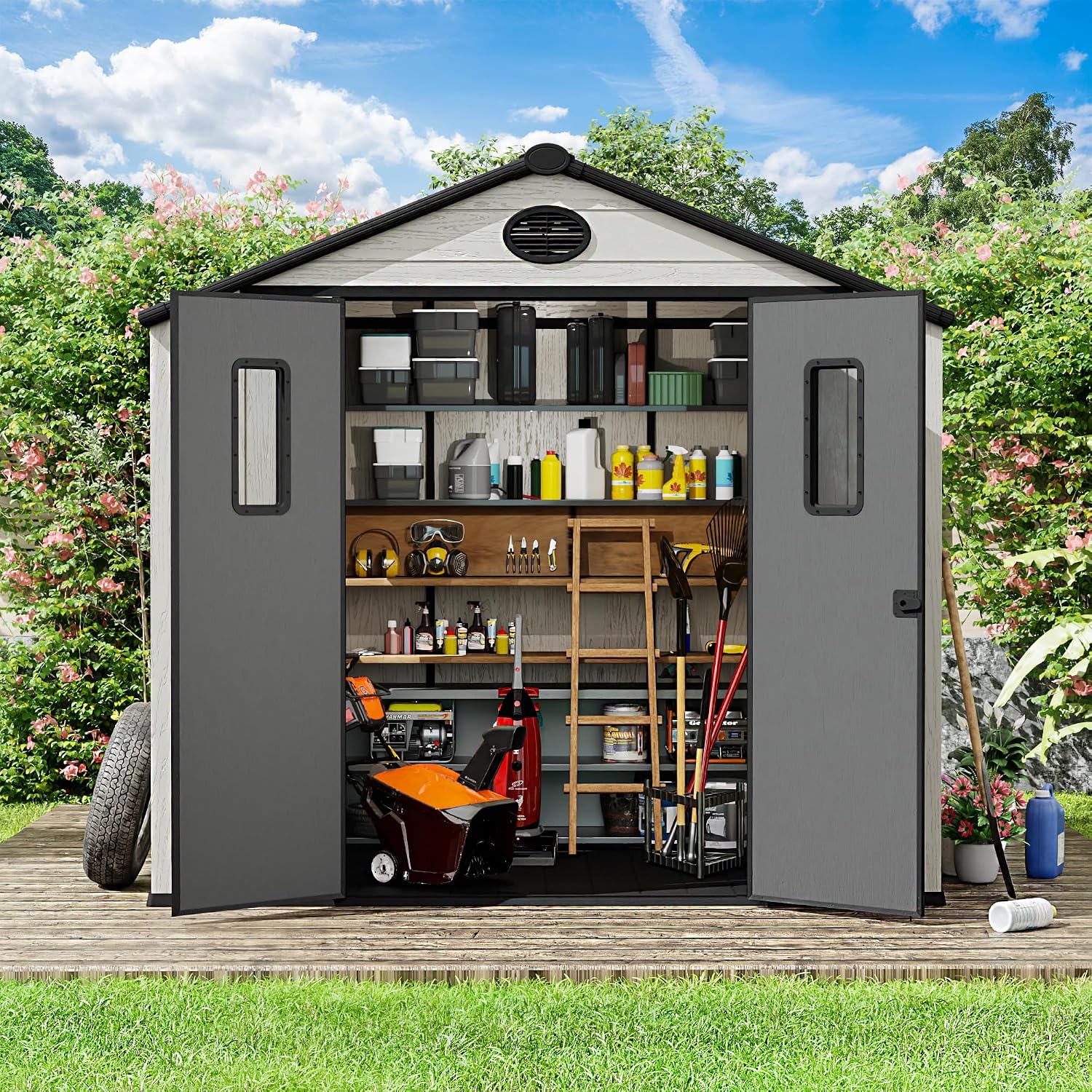 8 x 6 FT Plastic Outdoor Storage Shed with Floor,Garden Resin Shed with Window and Lockable Door, Outside Sheds for Bike, Garbage Can, Tool