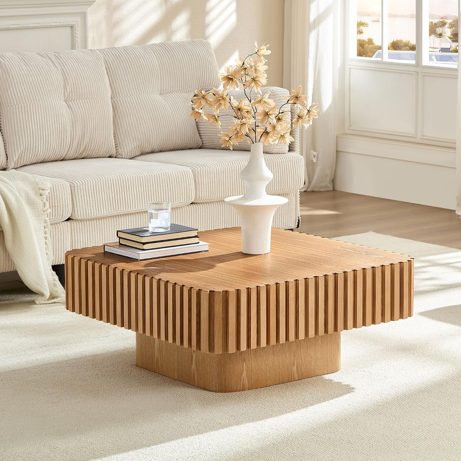31.49'' Square Coffee Table Set of 2 for Living Room, Modern Wood Drum Pedestal Flute Embossment Coffee Table, Easy Assembly (Natural, 2-Pcs)