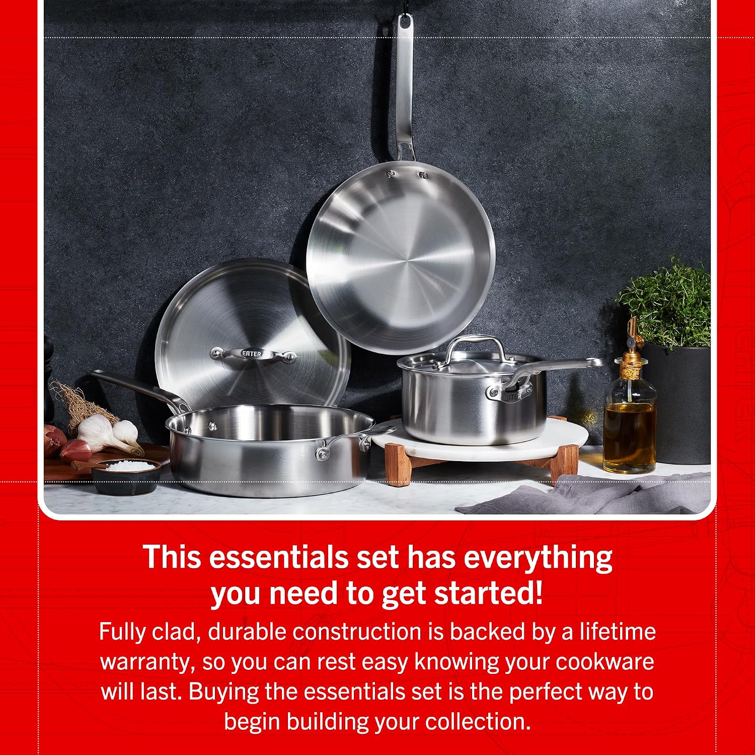Heritage Steel Eater Series 5 Piece Essentials Set | Made in USA | 5 Ply Fully Clad Stainless Steel Cookware Set | Stay Cool Handle | Induction Ready & Non-Toxic