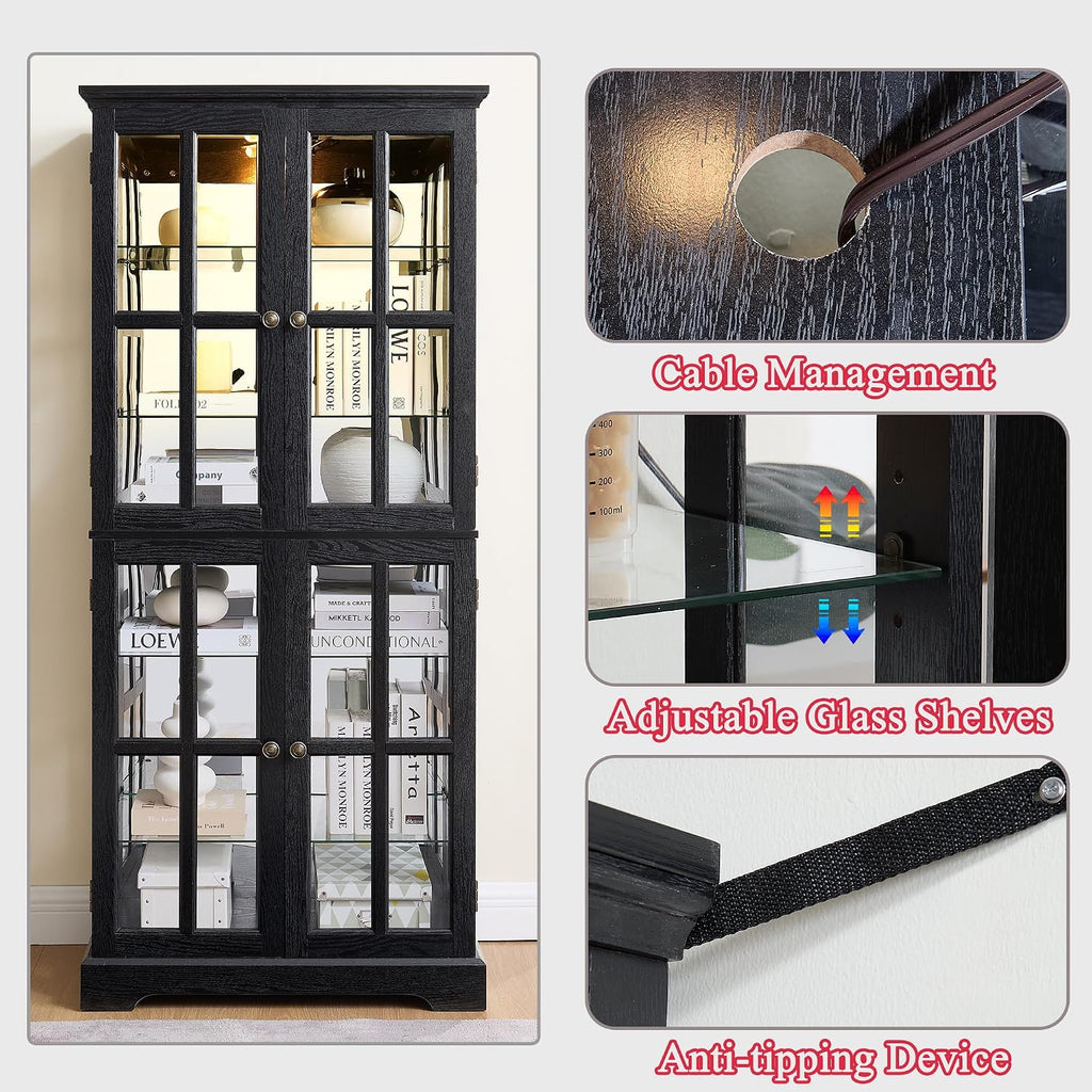 68' H Lighted Curio Display Cabinet Display Case,Wooden Glass Cabinet w/ 4 Adjustable Shelves & Glass Doors, 6 Tier Vintage Accent Storage Case w/Mirrored Back Pane for Home (Black)