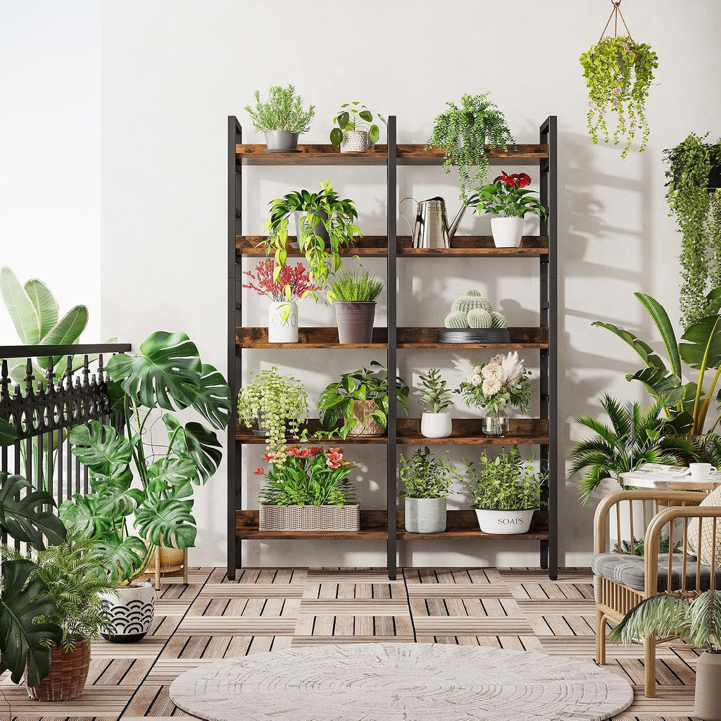 Tribesigns 5-Tier Industrial Bookshelf, 71'H x 47'W Etagere Bookcase, Freestanding Double Wide Book Shelf for Storage and Display, Wood and Metal Bookshelves for Living Room Home Office, Rustic Brown