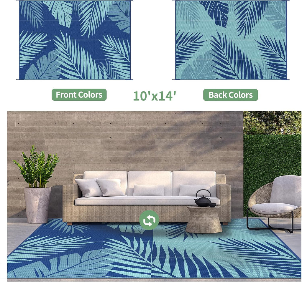 GENIMO Outdoor Rug 10' x 14' Waterproof for Patios Clearance, Reversible Outdoor Plastic Straw Camping Rug Carpet, Large Area Rugs Mats for RV, Camper, Deck, Balcony, Porch, Beach, Royalblue&Bluegreen