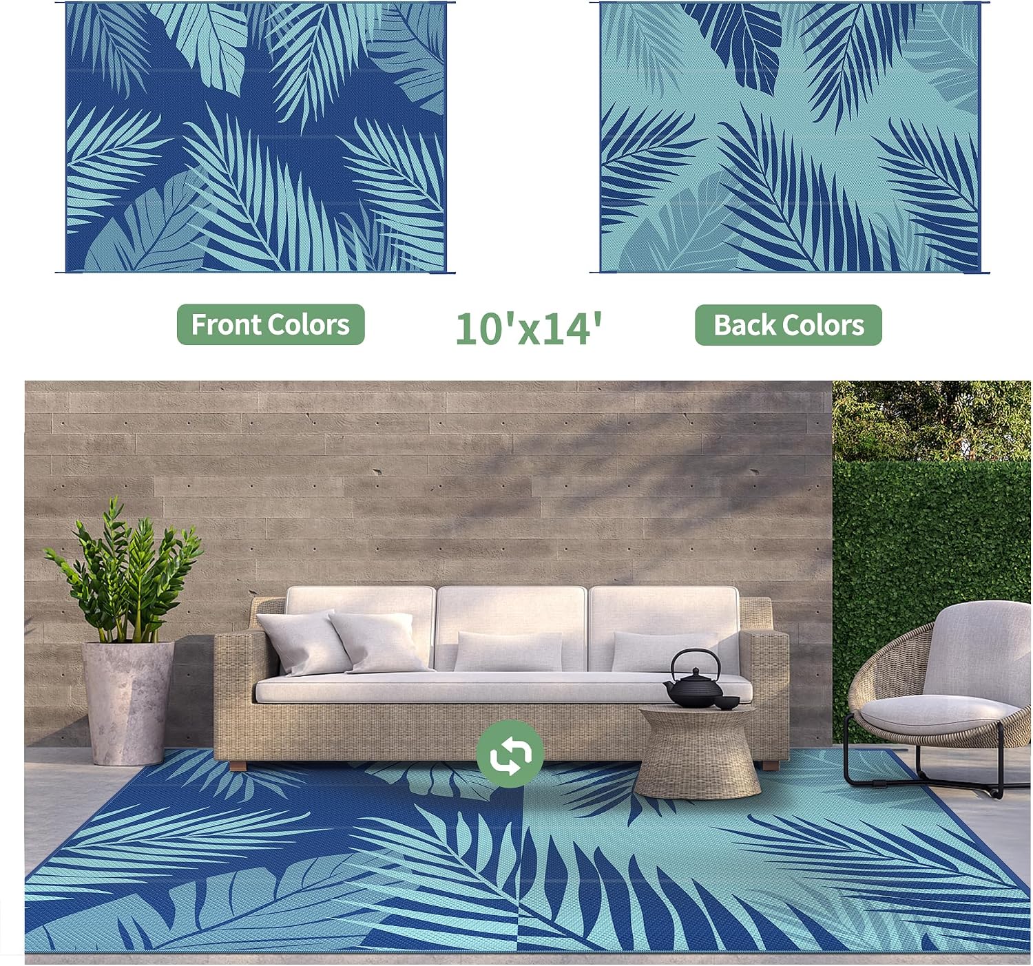 GENIMO Outdoor Rug 10' x 14' Waterproof for Patios Clearance, Reversible Outdoor Plastic Straw Camping Rug Carpet, Large Area Rugs Mats for RV, Camper, Deck, Balcony, Porch, Beach, Royalblue&Bluegreen