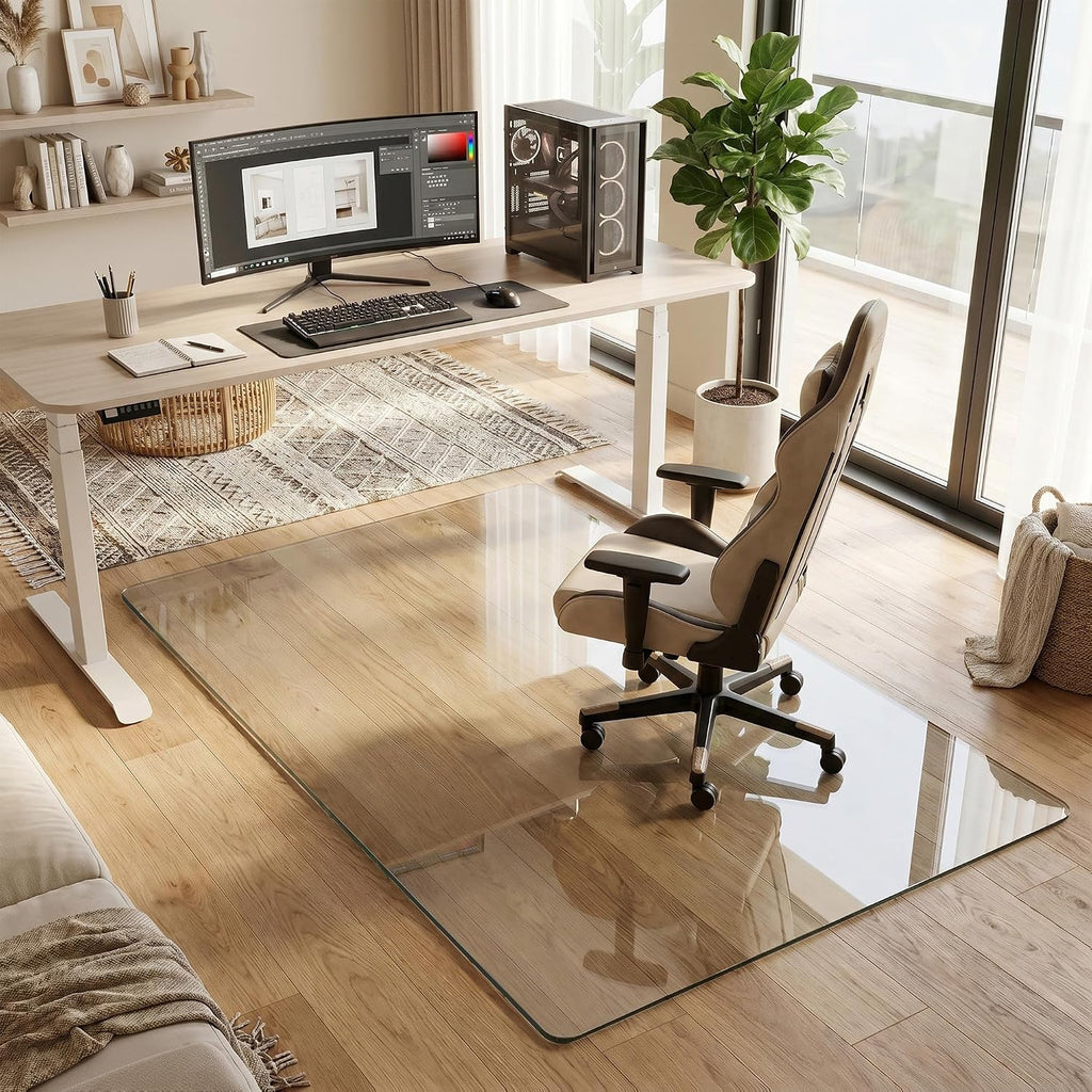 Tempered Glass Chair Mat for Hardwood Floor, 36' x 55' Heavy Duty Glass Office Chair Mat, for Low Pile Carpet, 0.2' Thick with 4 Non-Slip Pads, Smooth Rolling for Home & Office