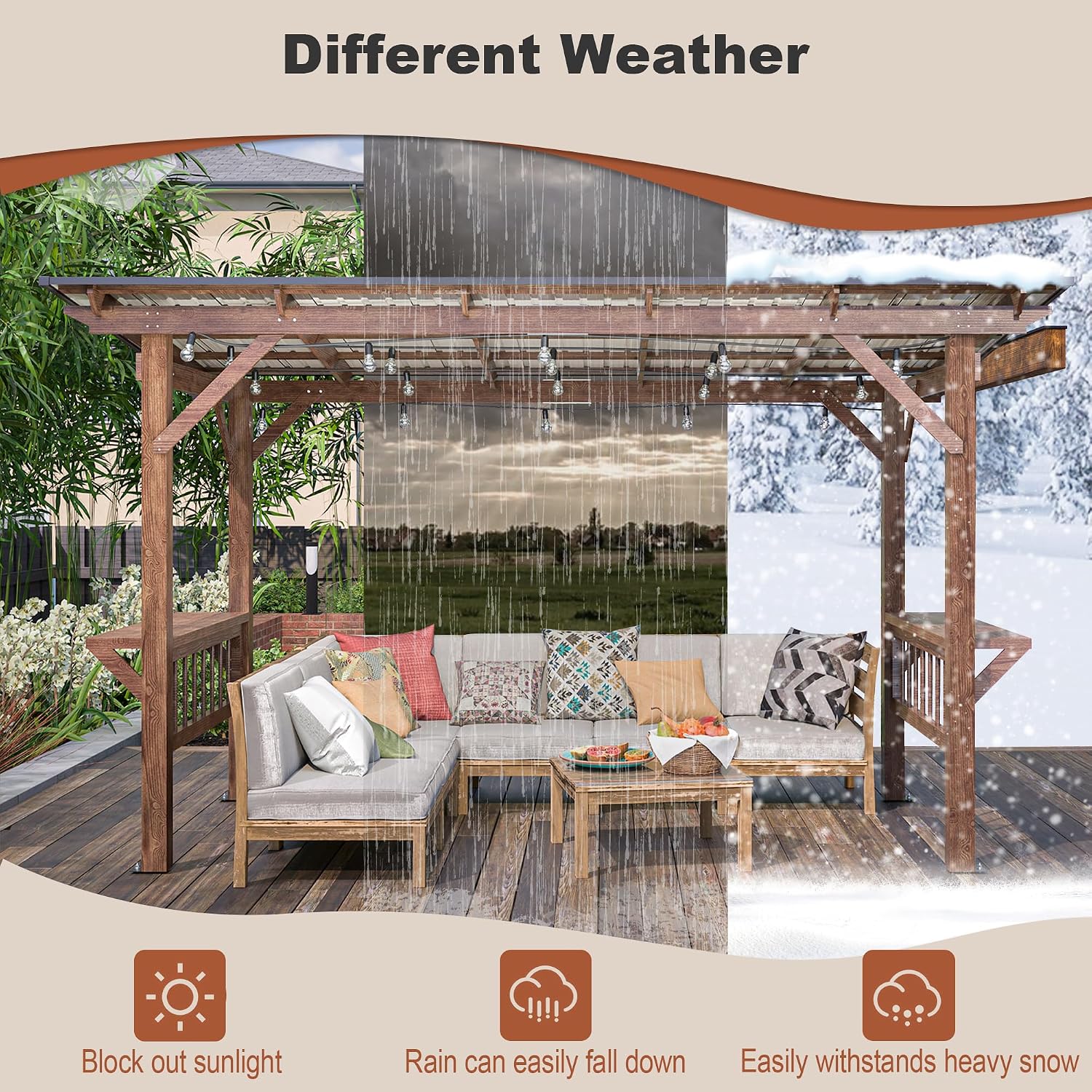 13x6.5ft Wooden BBQ Grill Gazebo with Metal Roof & Bar Counters, Outdoor Pergola with Shelves & Lights for Backyard Patio Poolside