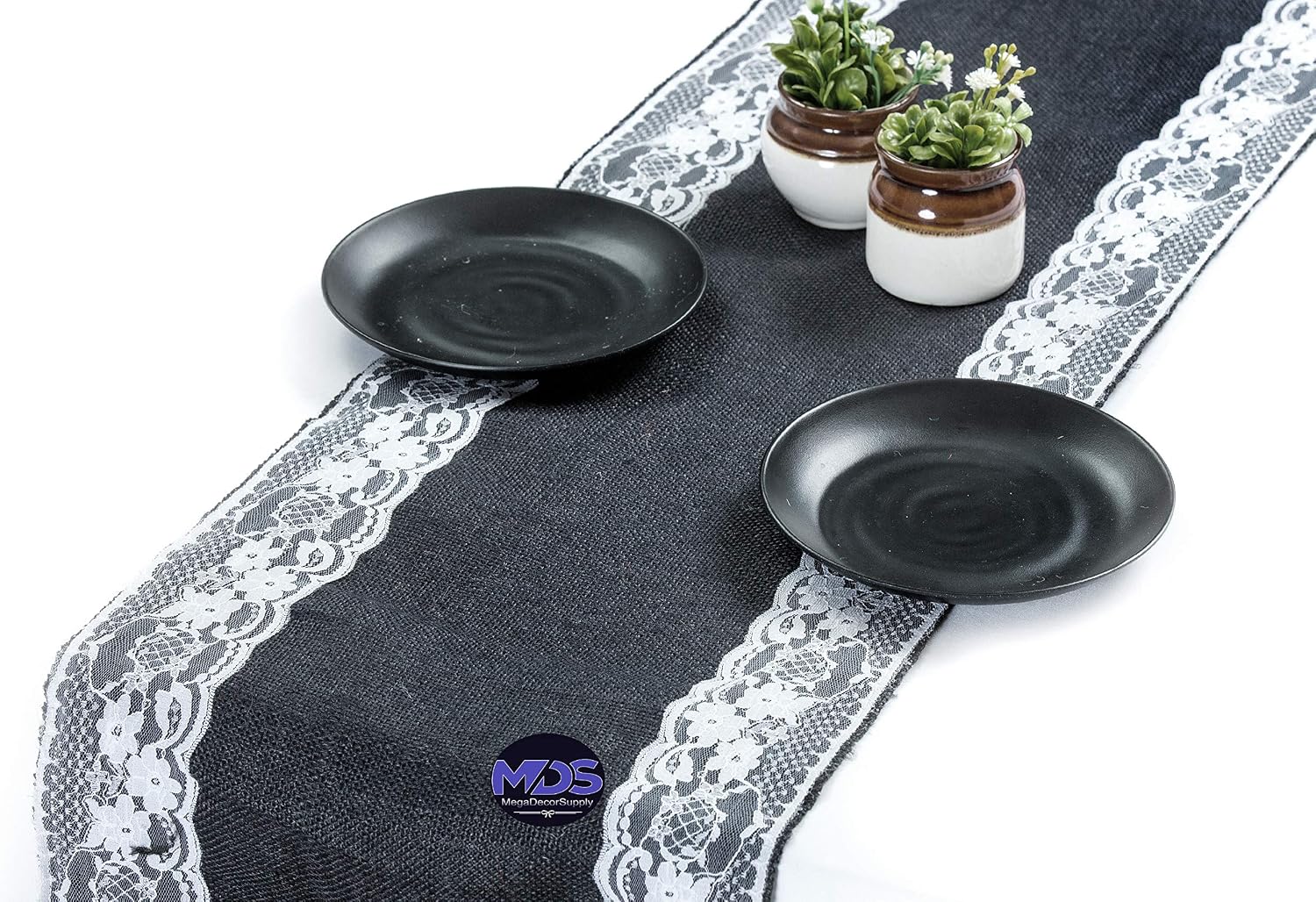 MDS Pack of 20 Wedding 12 x 108 inch Burlap Lace Hessian Table Runner Rustic Black Jute Country Vintage for Wedding Banquet Decoration – Black Lace Jute Burlap