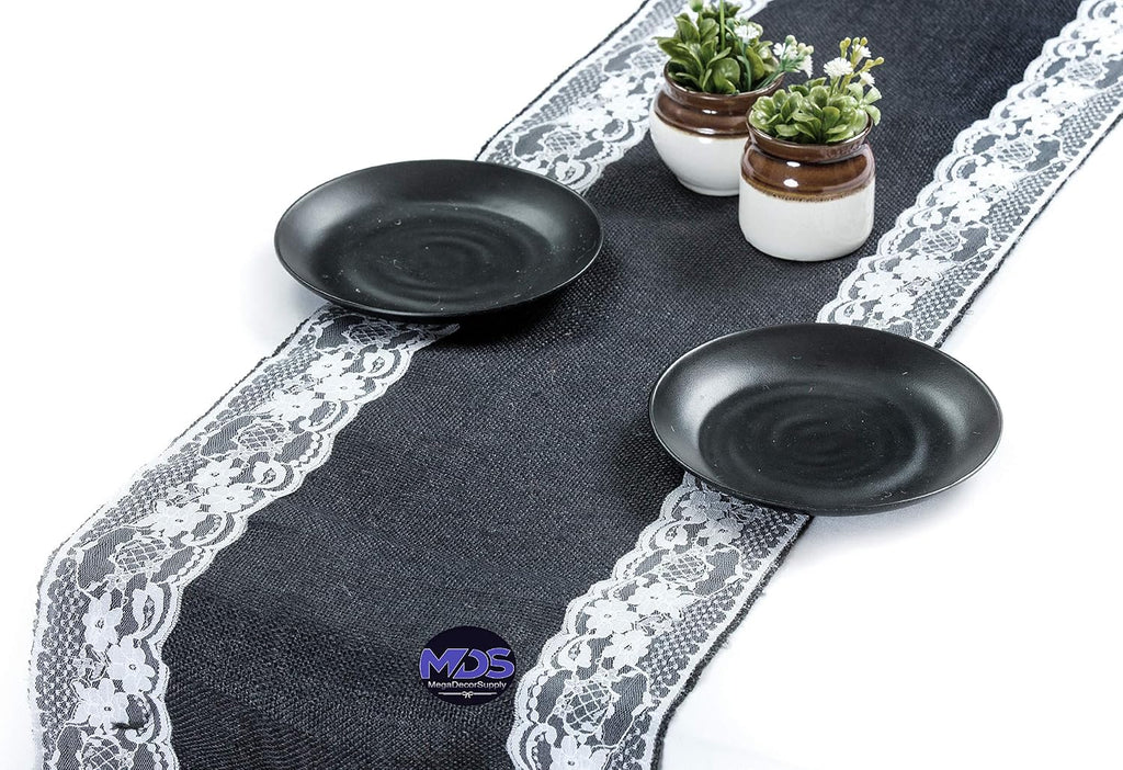 MDS Pack of 15 Wedding 12 x 108 inch Burlap Lace Hessian Table Runner Rustic Black Jute Country Vintage for Wedding Banquet Decoration – Black Lace Jute Burlap
