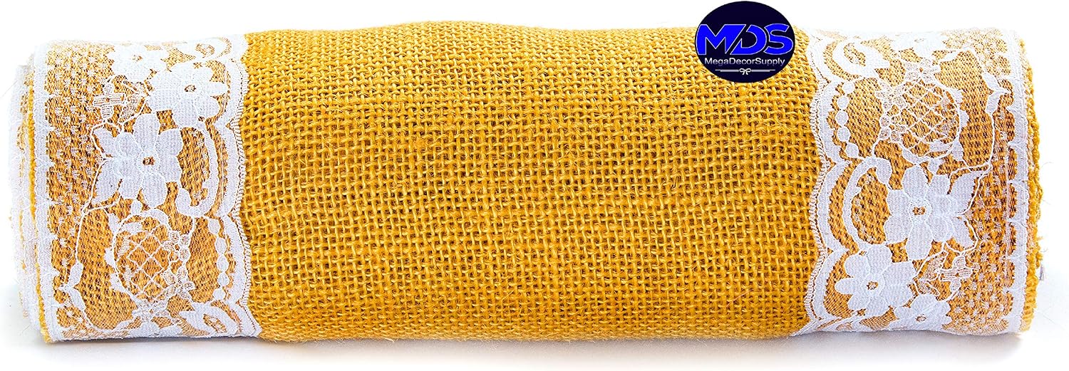 MDS Pack of 15 Wedding 12 x 108 inch Burlap Lace Hessian Table Runner Rustic Gold Jute Country Vintage for Wedding Banquet Decoration – Gold Lace Jute Burlap