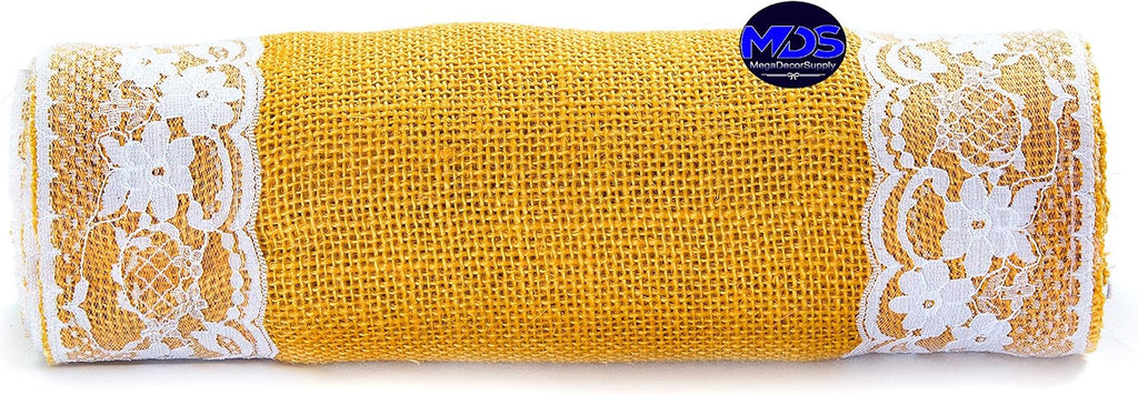 MDS Pack of 20 Wedding 12 x 108 inch Burlap Lace Hessian Table Runner Rustic Gold Jute Country Vintage for Wedding Banquet Decoration – Gold Lace Jute Burlap