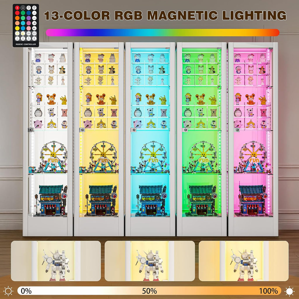 Glass Display Cabinet with Lock & 13 Color Light, Lighted Corner Curio Cabinet with Glass Door & Adjustable Shelves, Metal Display Case for Collectibles Figures Wine China, 15.7' W White