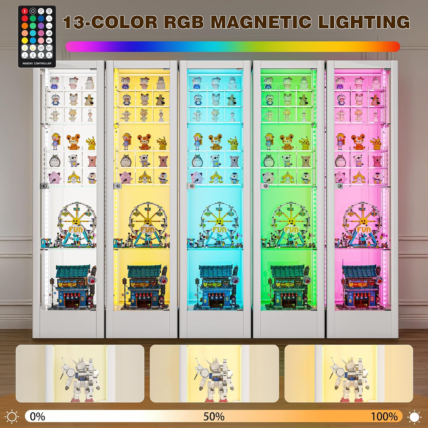 Glass Display Cabinet with Lock & 13 Color Light, Lighted Corner Curio Cabinet with Glass Door & Adjustable Shelves, Metal Display Case for Collectibles Figures Wine China, 15.7' W White