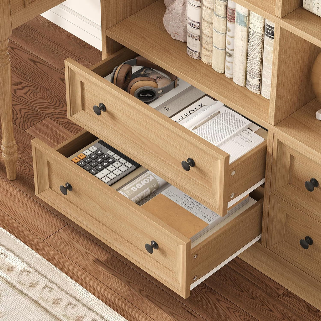 FINETONES 71' Tall Bookshelf with 4 Drawers, 6-Tier Double Wide Bookshelves and Bookcases with Storage, Natural Bookshelf Large Open Bookshelves Standing Book Cabinet for Home Office