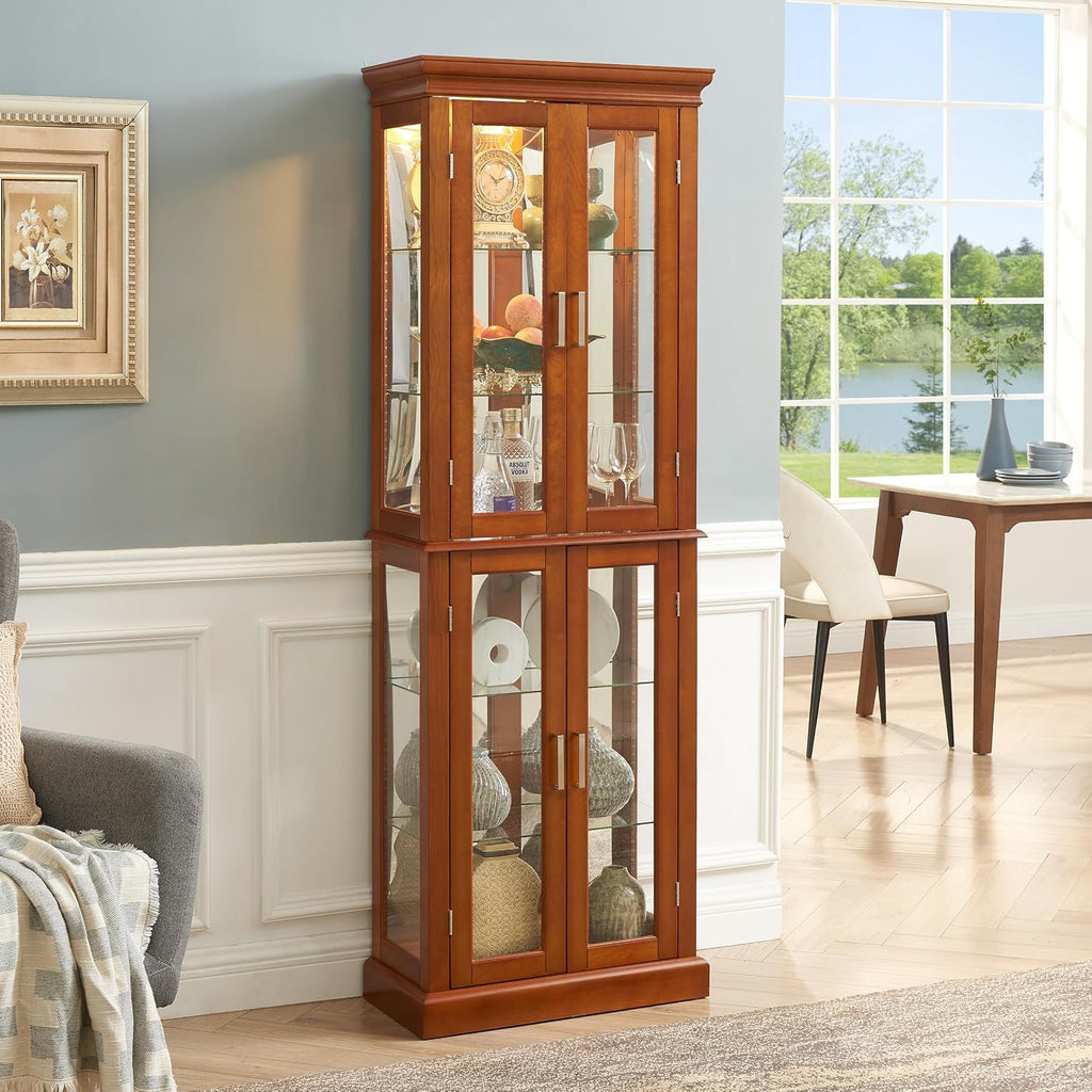 Ball & Cast Lighted Curio Cabinet,6-Tier Glass Display Cabinet with Adjustable Glass Shelves and Mirrored Back Panel for Living Room,E26 Light Blub not Included,Walnut