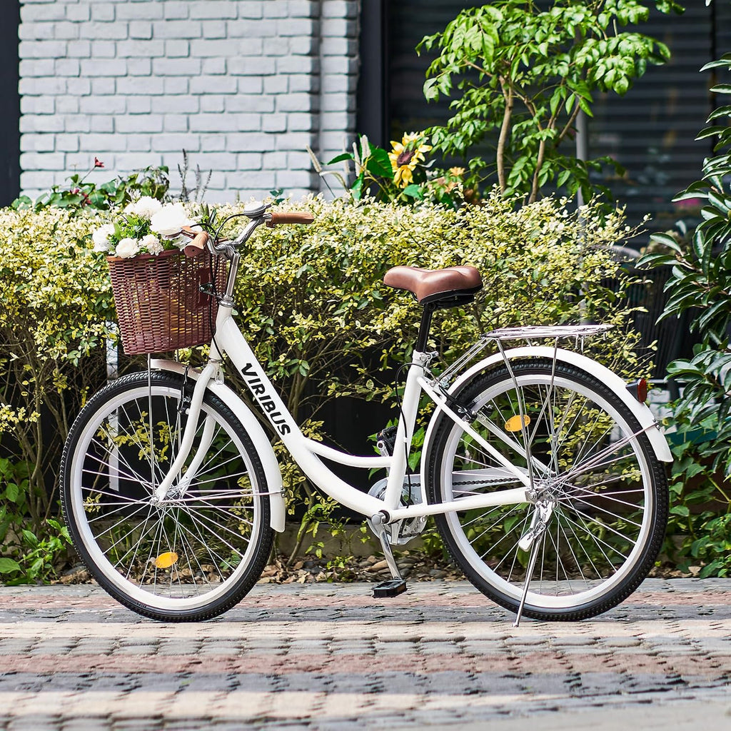 VIRIBUS Beach Cruiser Bike for Women, Single Speed Womens Bike with Basket & Rack 24 26 inch, Retro Step Through Cruiser Bicycle for Petite Short Women Female Ladies City Commuter, 330 lb.