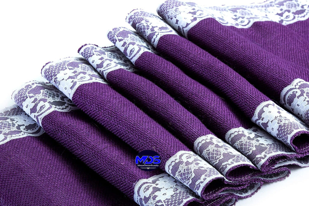 MDS Pack of 15 Wedding 12 x 108 inch Burlap Lace Hessian Table Runner Rustic Purple Jute Country Vintage for Wedding Banquet Decoration – Purple Lace Jute Burlap