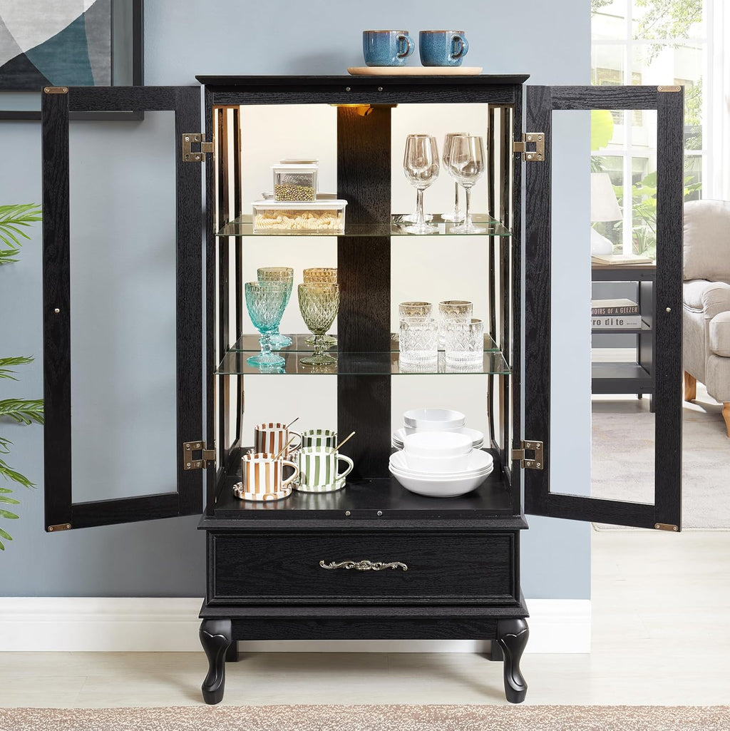 Glass Display Cabinet with Doors and Drawer, Lighted Curio Display Cabinet with Adjustable Glass Shelves and Mirrored Back Panel, Retro Floor Standing Storage Cabinets for Living Room, Black