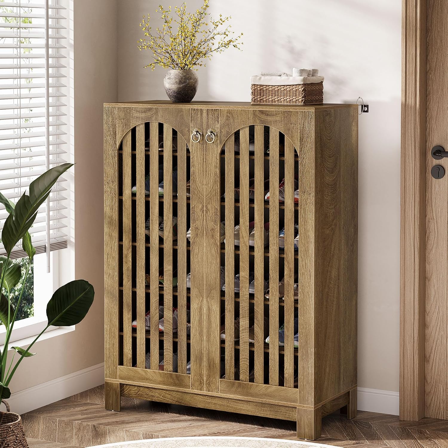 Tribesigns Shoe Cabinet with Shutter Doors, 6-Tier Shoe Storage Cabinet, Entryway Shoe Rack Organizer with Adjustable Shelves for Living Room, Hallway, Natural Wood