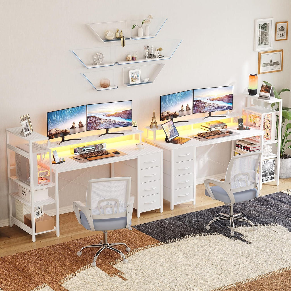 59 Inch Gaming Desk with LED Lights and Power Outlets, Computer Desk with Storage Shelves, Fabric Drawers, Monitor Stand & Side Hook, Reversible Gamer Table for Home Office, Carbon Fiber White