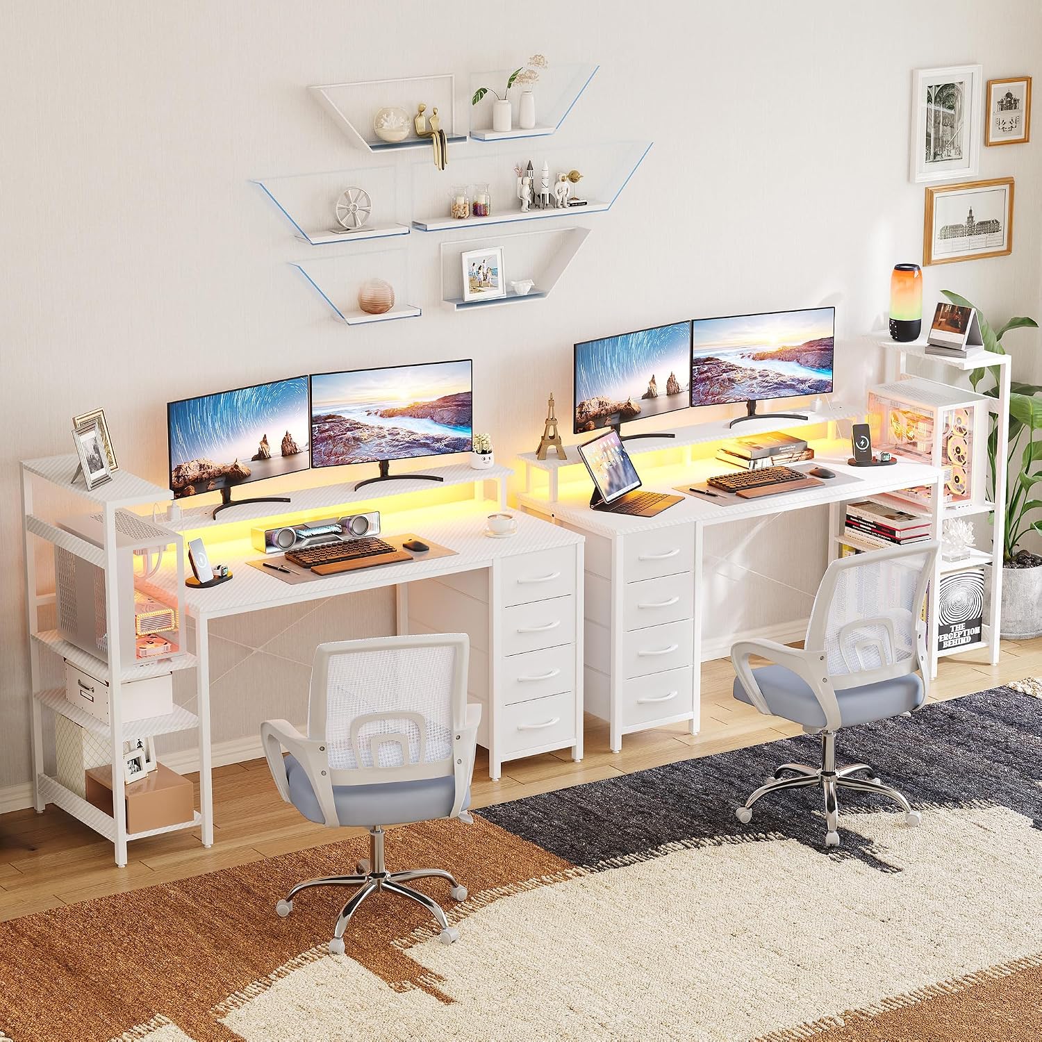59 Inch Gaming Desk with LED Lights and Power Outlets, Computer Desk with Storage Shelves, Fabric Drawers, Monitor Stand & Side Hook, Reversible Gamer Table for Home Office, Carbon Fiber White