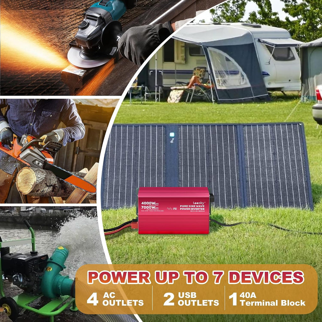 4000 Watt Pure Sine Wave Inverter 12V DC to 110V 120V AC Surge Peak 7000 Watt for 2s Compatible with Lithium Battery, for Home RV Car Off-Grid Solar System Truck Vehicle LEESKY