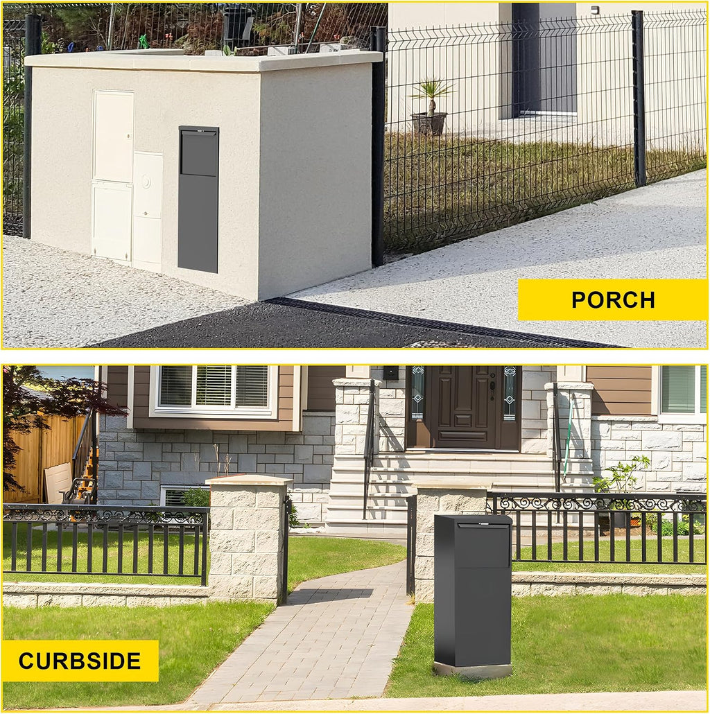 Merapi Package Delivery Box for Outside, 43.3' x 18.3' x 14.0' Cold-Rolled Steel Delivery Box for Packages, Anti-Theft Lockable Parcel Drop Boxes for Porch, House, Curbside, Black