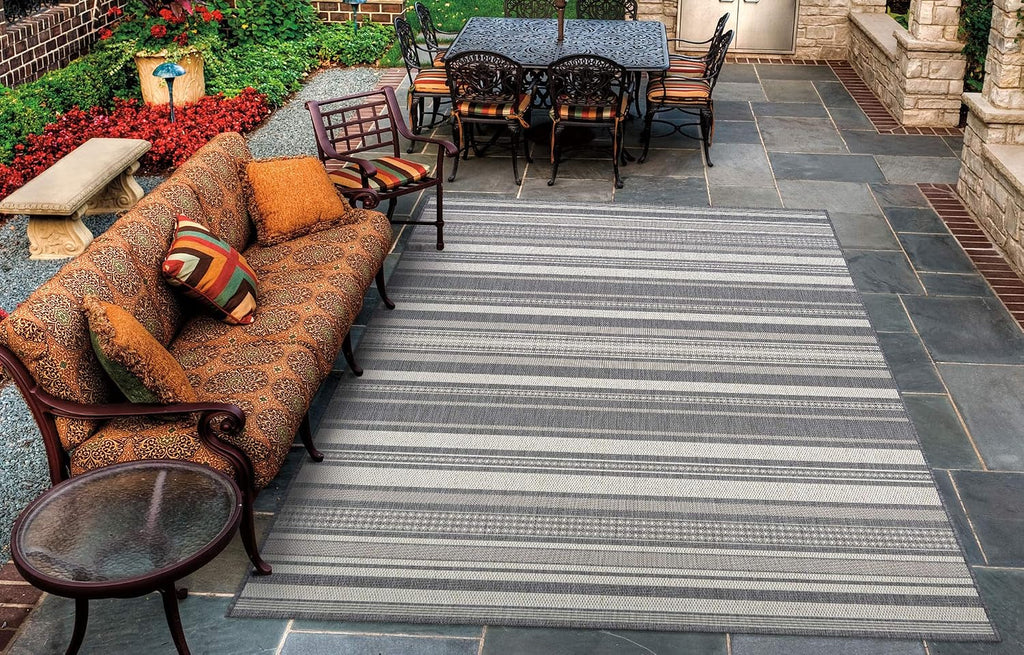 Couristan Recife Indoor Outdoor Rug - Gazebo Stripe 7'6' Round in Champagne and Grey, Low Pile, Hose Washable, Pet- Kid Friendly Home Decor for Living Room, Patio Furniture Set, Kitchen