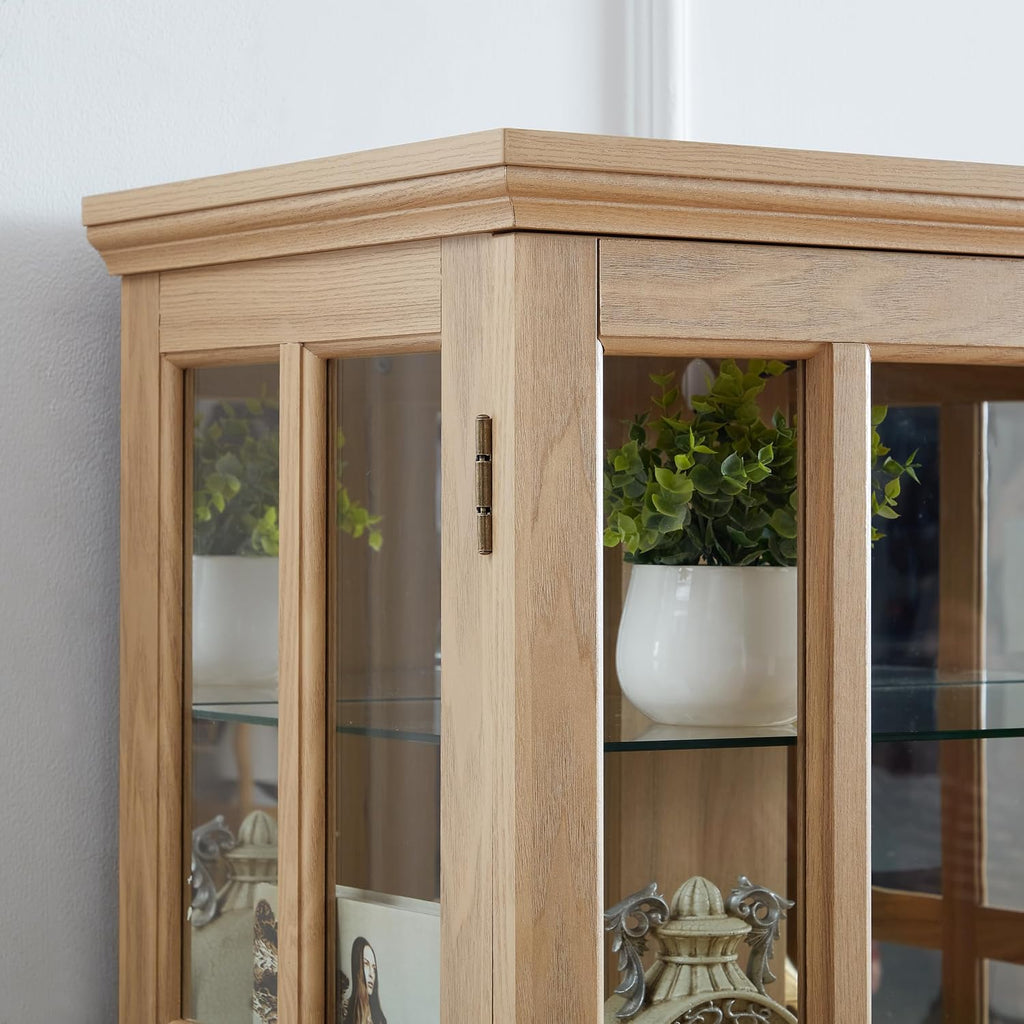 KEIKI Curio Display Cabinet, 68.7' H Lighted Glass Display Cabinet, w/ 4 Glass Doors & Adjustable Shelves, Vintage Showcase with E26 Bulb for Home or Office, Oak