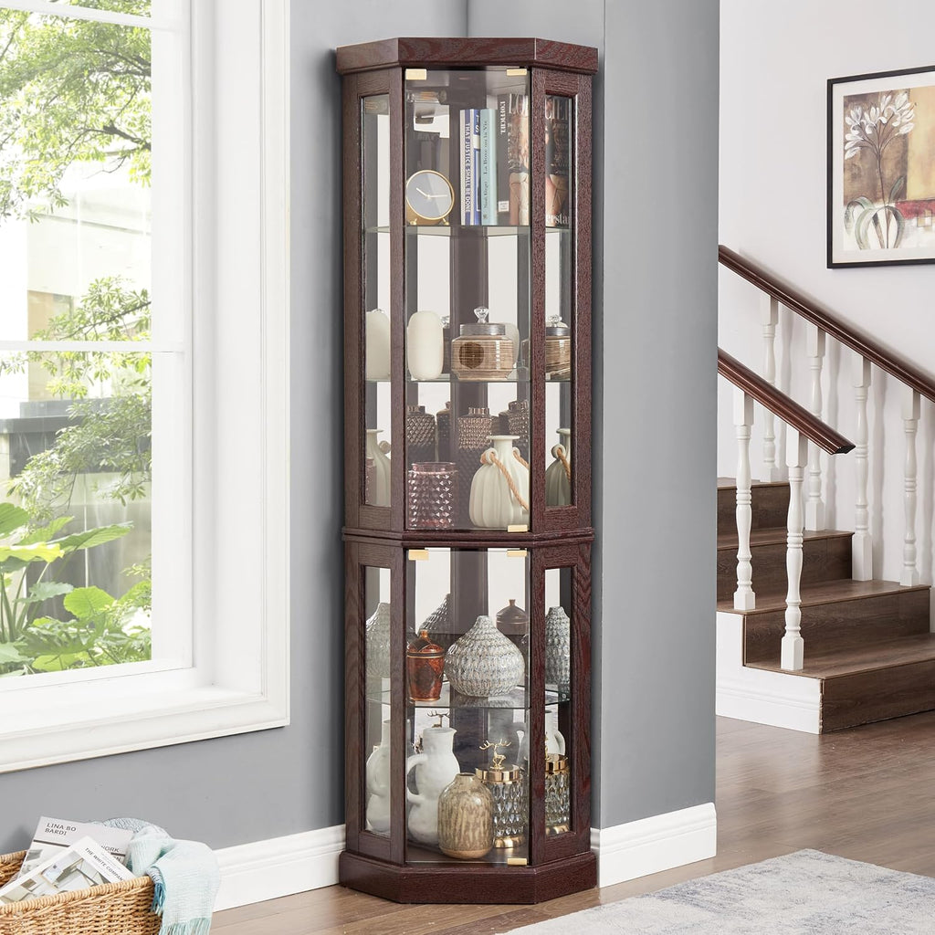 70' Lighted Corner Curio Cabinet,Inside Mirror Corner Glass Display Case with Tempered Glass Door for Living Room, Antique Collectibles, Wine & Bar Glass Storage, Lights Included