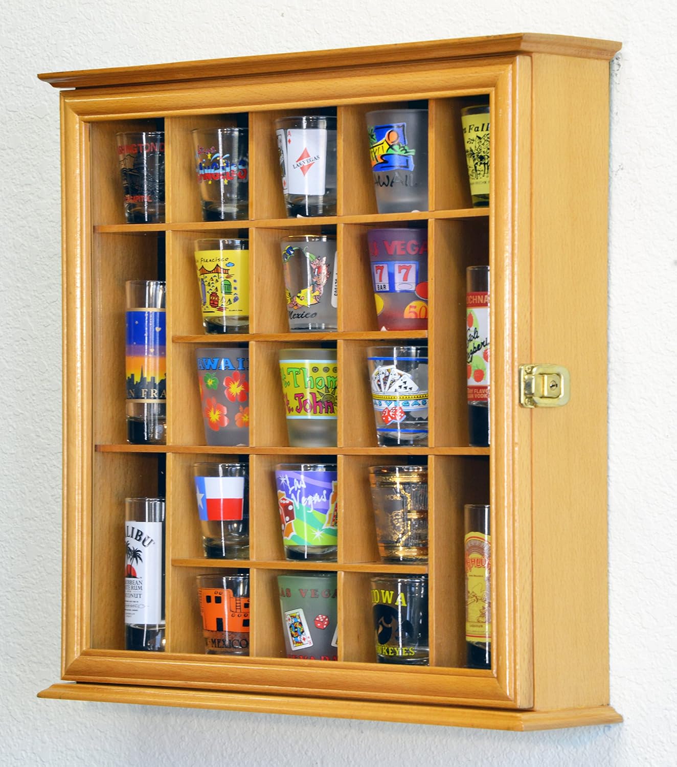 sfDisplay.com,LLC. 21 Shot Glass Shotglass Shooter Display Case Holder Cabinet Wall Rack 98% UV Lockable