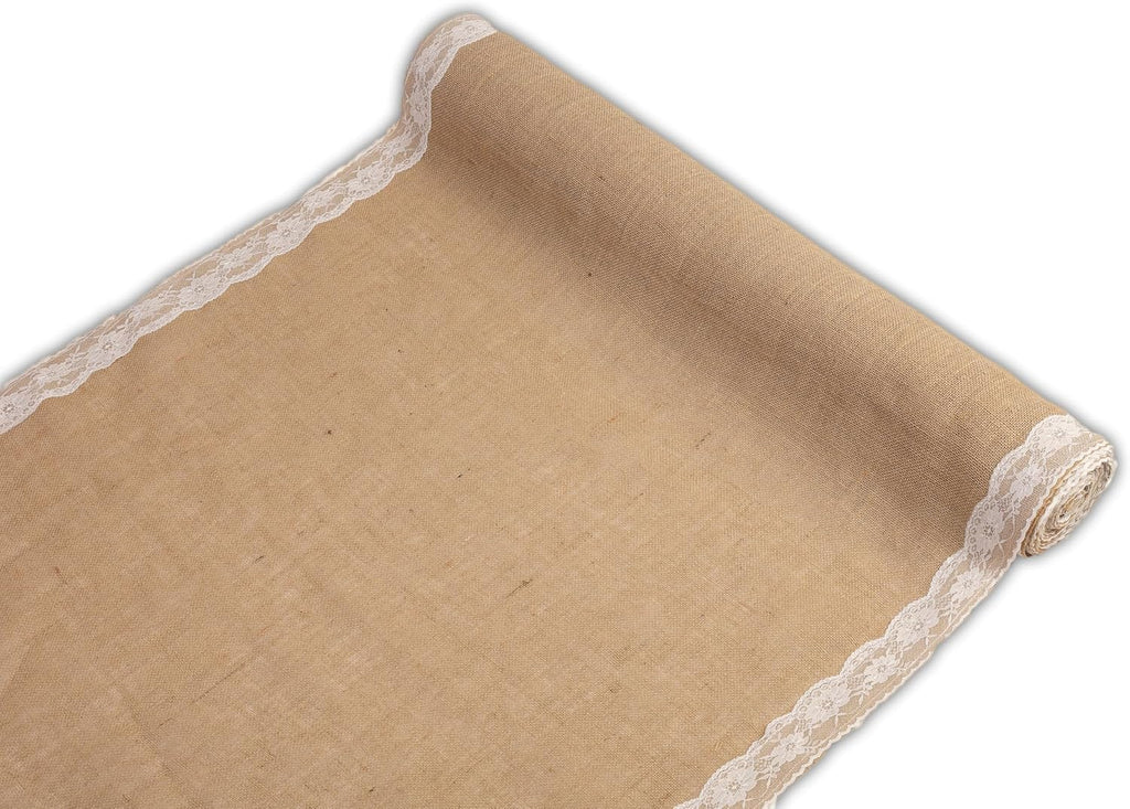 AK TRADING CO. 40' Wide Natural Burlap Wedding Aisle Runner with Ivory Lace - 40' Wide x 50 feet Long