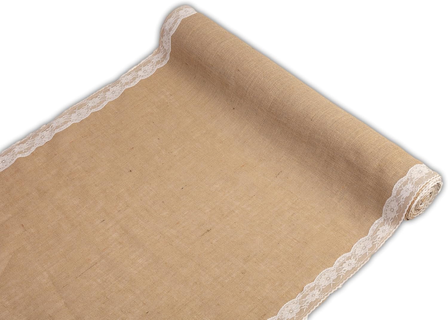 AK TRADING CO. 40' Wide Natural Burlap Wedding Aisle Runner with Ivory Lace - 40' Wide x 50 feet Long