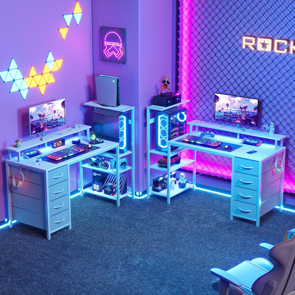 51 Inch Gaming Desk with LED Lights and Power Outlets, Computer Desk with Storage Shelves, Fabric Drawers, Monitor Stand & Side Hook, Reversible Gamer Table for Home Office, Carbon Fiber White