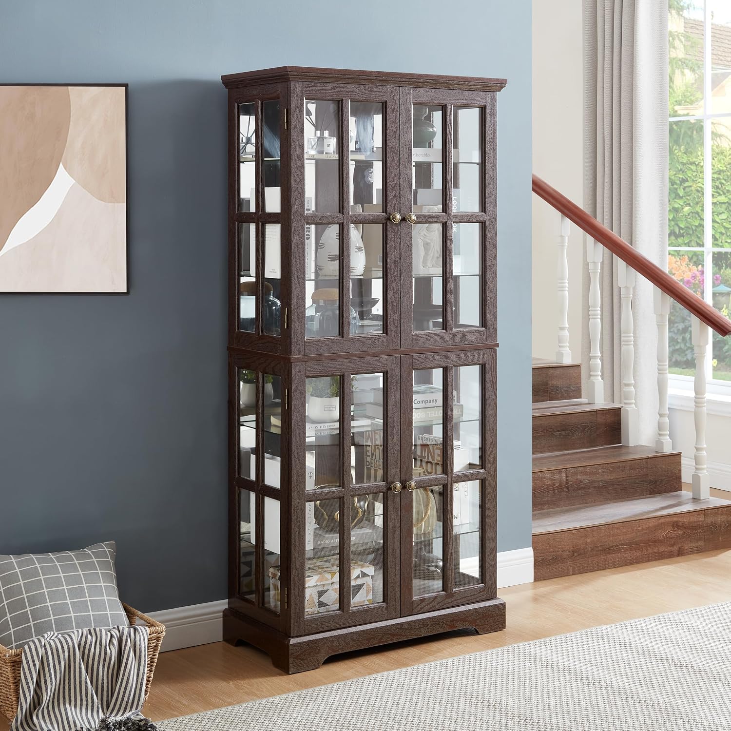 KEIKI Curio Display Cabinet, 68.7' H Lighted Glass Display Cabinet, w/ 4 Glass Doors & Adjustable Shelves, Vintage Showcase with E26 Bulb for Home or Office, Cherry