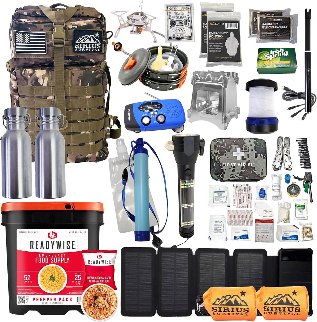 Family Comfort 72 Emergency Survival Kit/Backpack – 72 Hour for 2 People – Disaster Preparedness – Delicious ReadyWise Food, Gear, Lighting, First Aid, Tools & More - Sirius Survival