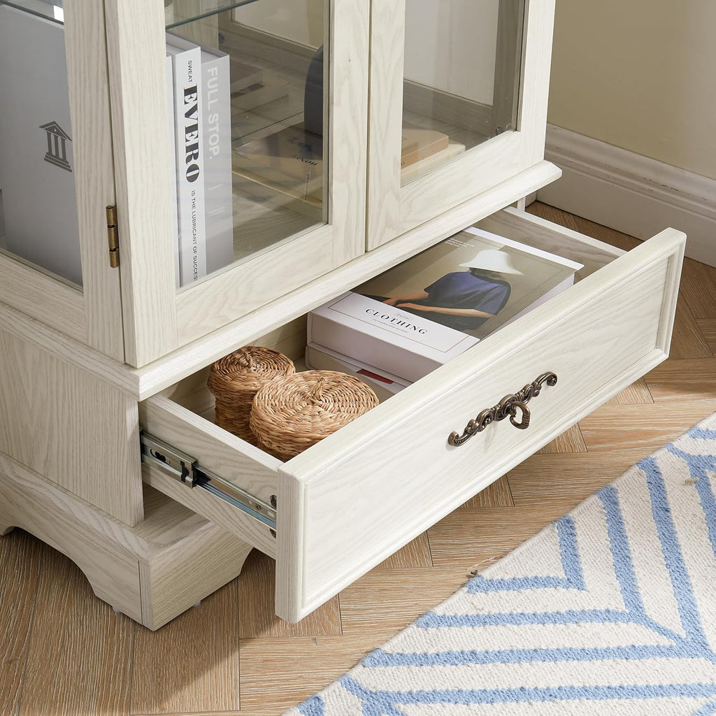 Curio Cabinet with Glass Doors Drawer, Lighted Display Cabinet with Adjustable Glass Shelves and Mirrored Back Panel, Retro Floor Standing Glass Storage Cabinet for Living Room, Antique White