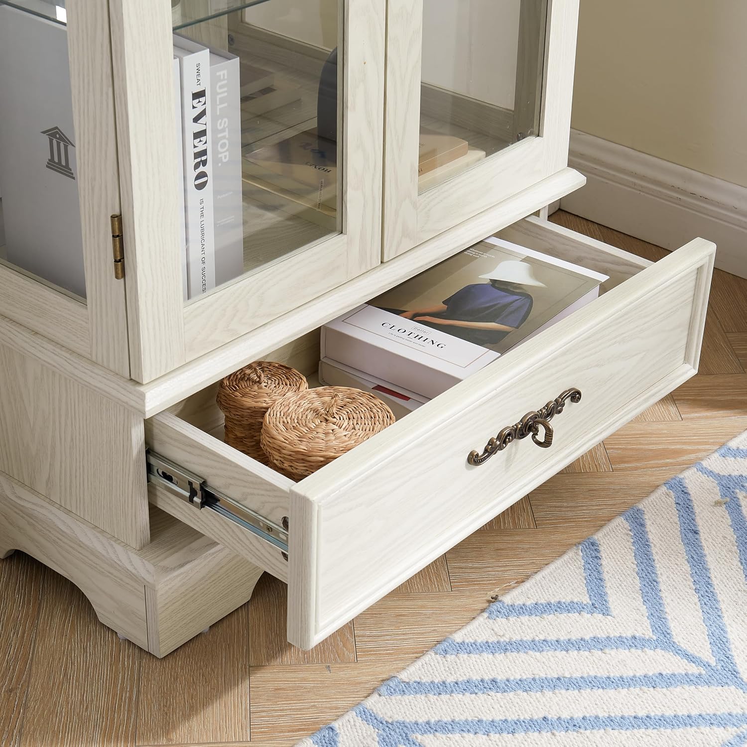 Curio Cabinet with Glass Doors Drawer, Lighted Display Cabinet with Adjustable Glass Shelves and Mirrored Back Panel, Retro Floor Standing Glass Storage Cabinet for Living Room, Antique White