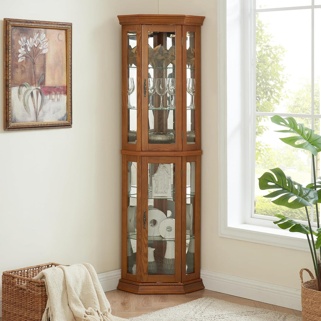 Ball & Cast 70' H Lighted Corner Curio Cabinet, Glass Display Cabinet with 6 Tempered Adjustable Glass Shelves and Doors,Include Light Bulb, Rack for Living Room,Oak