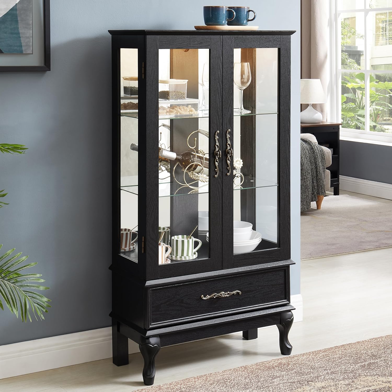 Glass Display Cabinet with Doors and Drawer, Lighted Curio Display Cabinet with Adjustable Glass Shelves and Mirrored Back Panel, Retro Floor Standing Storage Cabinets for Living Room, Black