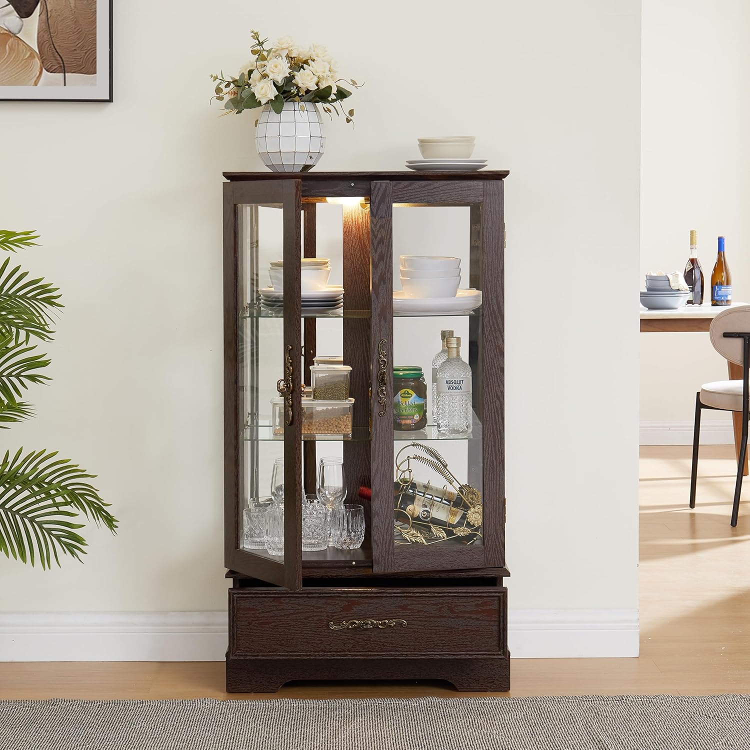 Display Cabinet with Glass Doors Drawer, Lighted Curio Cabinet with Adjustable Glass Shelves and Mirrored Back Panel, Retro Floor Standing Storage Cabinets for Living Room, Cherry