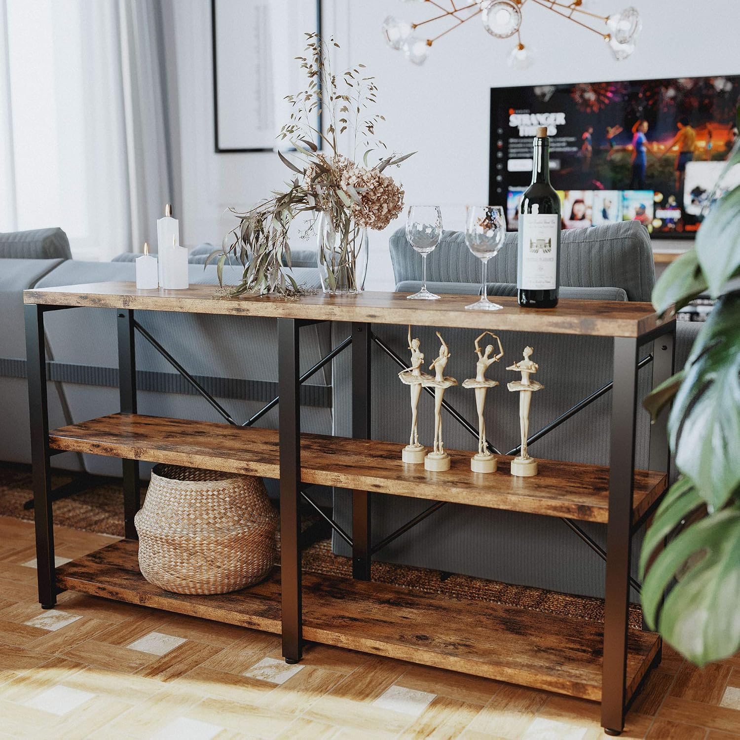 IRONCK Bookshelf Double Wide 55 in 3-Tier, Industrial Bookcases, Wood and Metal Bookshelves, Book Shelves for Home Office Decor Display