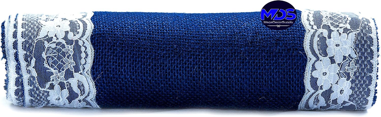 MDS Pack of 15 Wedding 12 x 108 inch Burlap Lace Hessian Table Runner Rustic Royal Blue Jute Country Vintage for Wedding Banquet Decoration – Royal Blue Lace Jute Burlap
