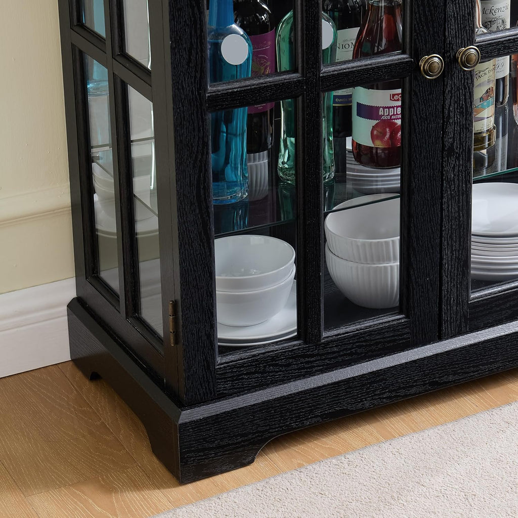 KEIKI Glass Display Cabinet with Adjustable Shelves, Antique Curio Storage Cabinet with Tempered Glass Doors, Four Door Design, Vintage Showcase with E26 Bulb Included, Black