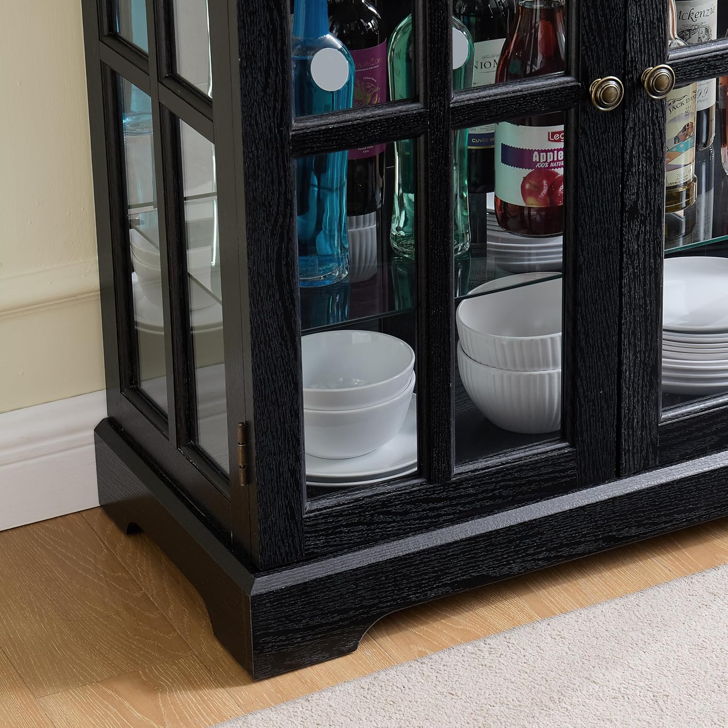 KEIKI Glass Display Cabinet with Adjustable Shelves, Antique Curio Storage Cabinet with Tempered Glass Doors, Four Door Design, Vintage Showcase with E26 Bulb Included, Black