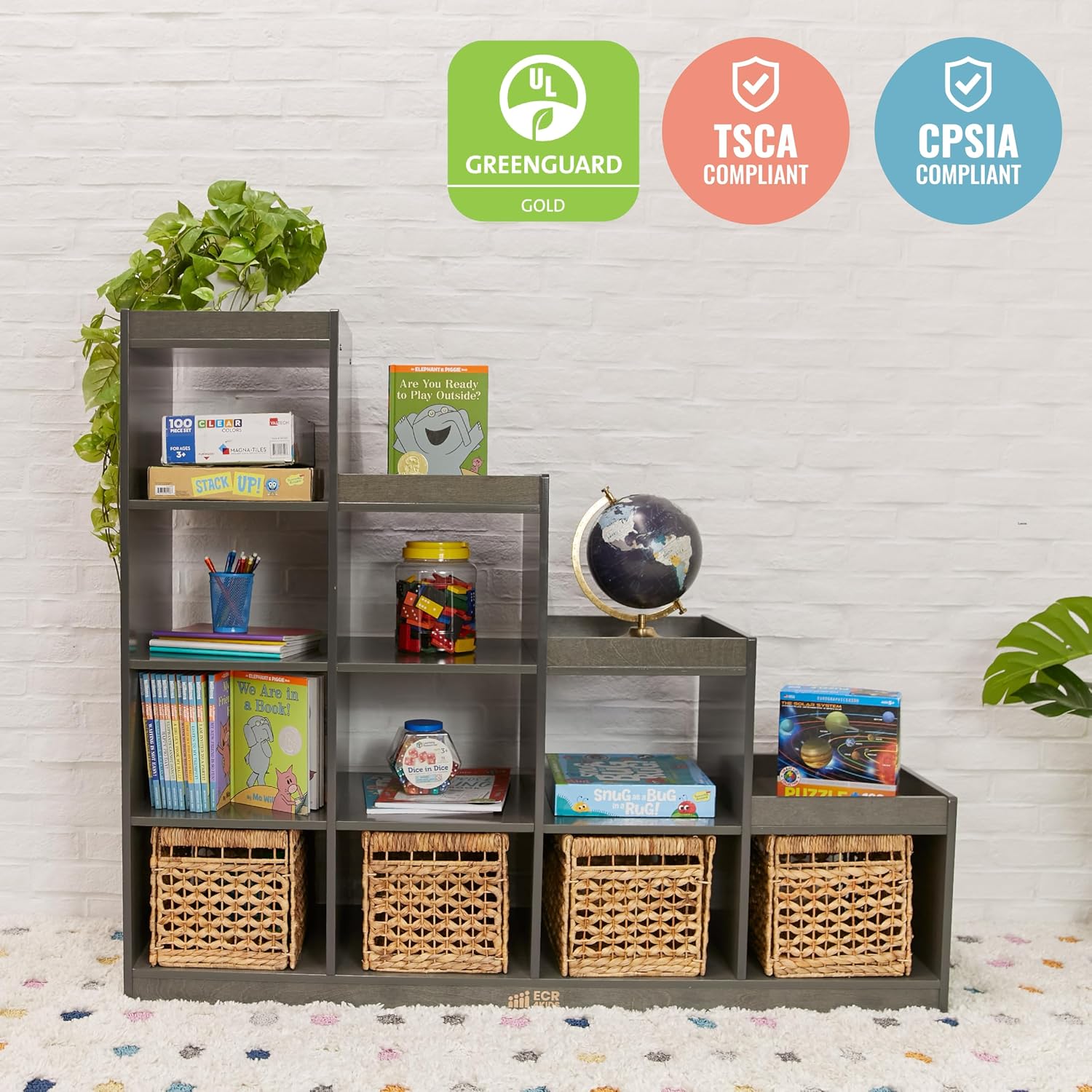 ECR4Kids 4-3-2-1 Double-Sided Cube Storage Organizer, Classroom Furniture, Grey Wash