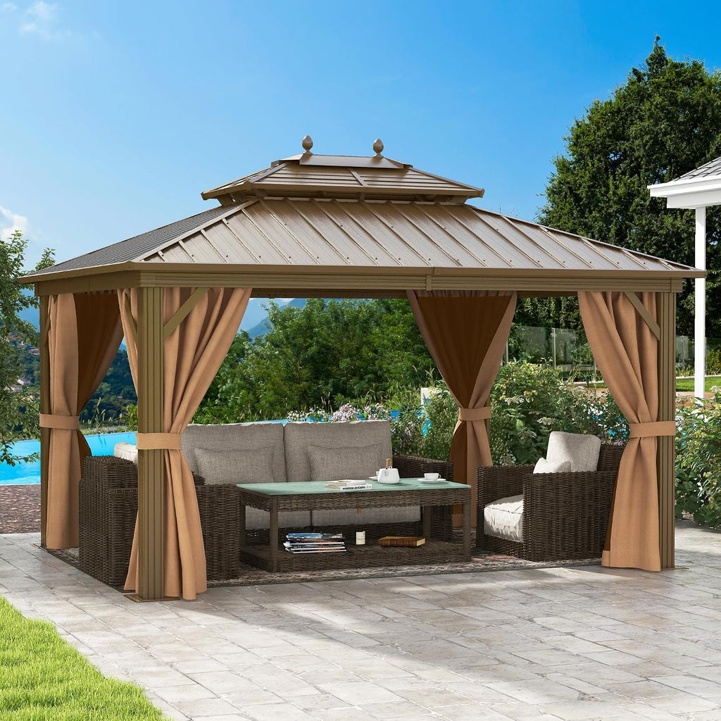 DWVO 10x12ft Hard top Gazebo Double Roof Galvanized Steel Outdoor Metal Pavilion Gazebo with Netting, Curtains for Backyard, Patio and Deck
