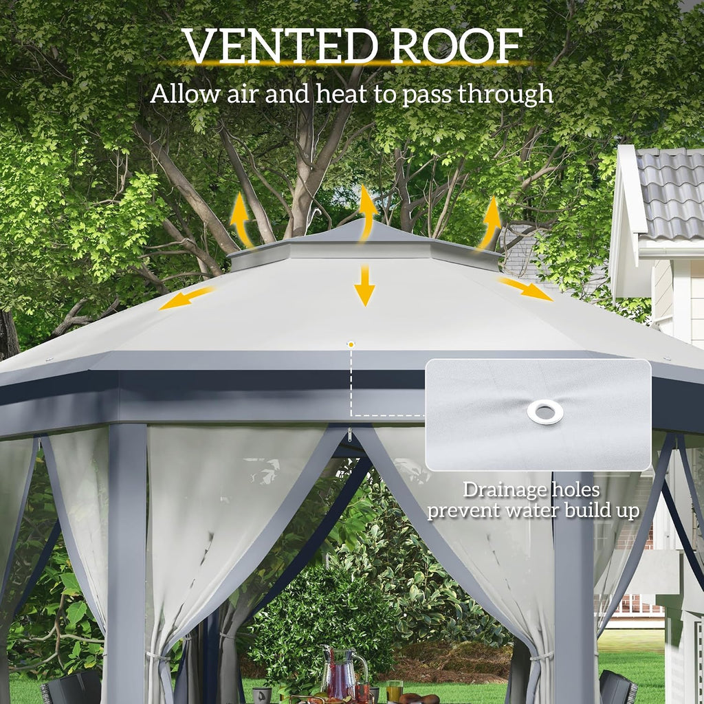 Outsunny 13' x 13' Pop Up Gazebo, Hexagonal Canopy Shelter with 6 Zippered Mesh Netting, Event Tent with Strong Steel Frame for Patio Backyard Garden Wedding Party, Gray