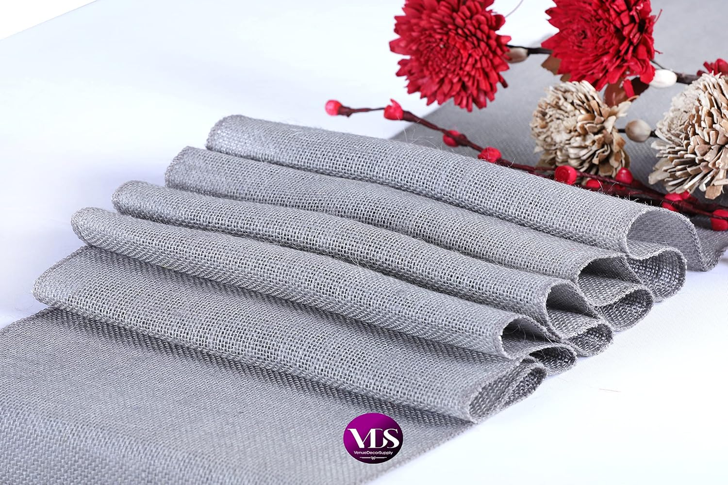 VDS Pack of 15, Burlap Table Runner 100% Natural Jute Rustic Hessian Table Cloth Centrepiece for Wedding Bridal Shower Birthday Event Party Banquet Table Decoration (Size 12X108 Inch)(Silver Grey)