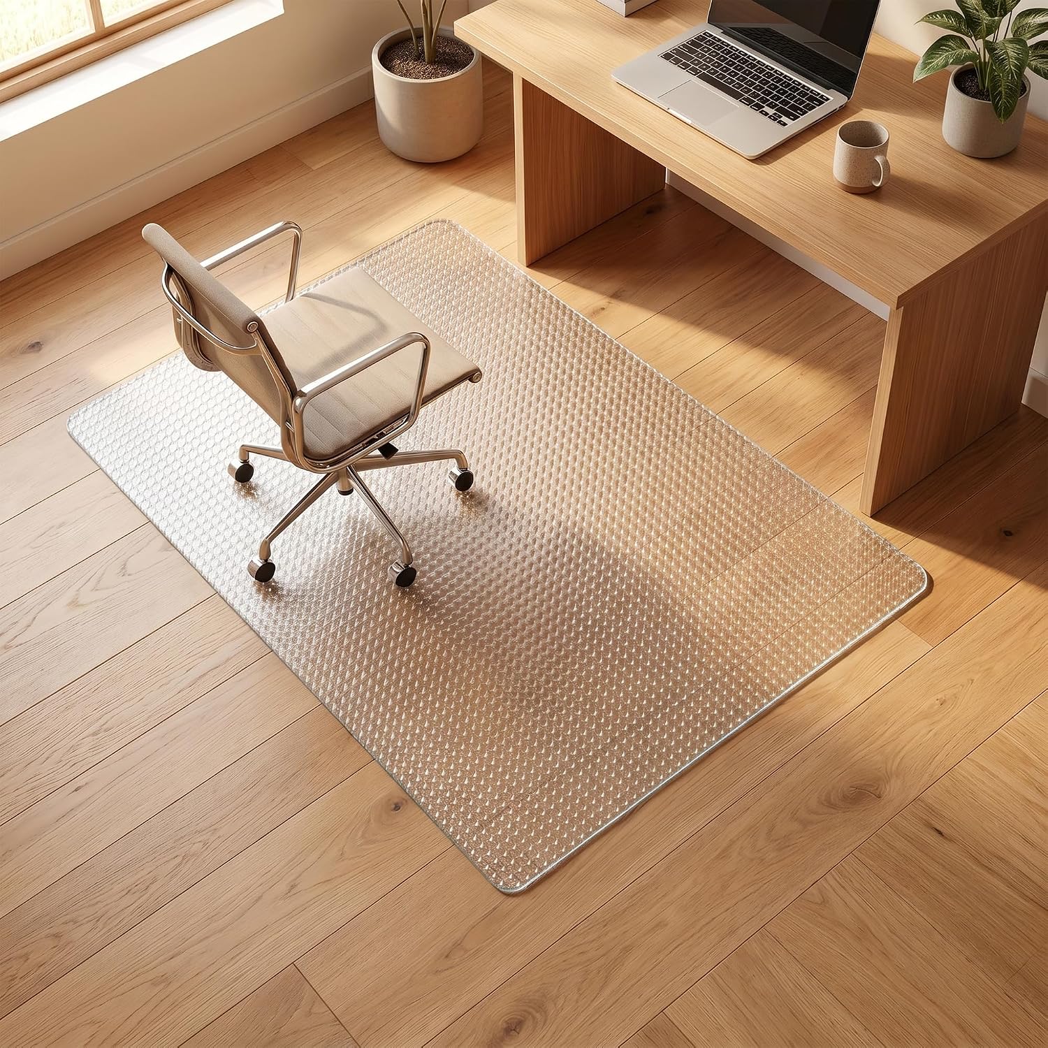 VETROUVE 46' x 55' Glass Chair Mat for Carpet, Single-Sided Textured Heavy Duty Hard Tempered Glass Desk Office Mat with 4 Anti-Slip Pads, 1/5' Thick, Smooth Rolling, Scratch Resistant